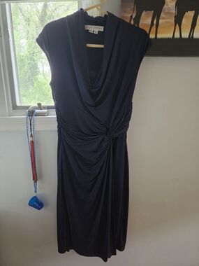Maggy London Navy Cowl Neck Midi Dress with Side Knot